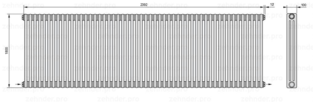 Схема (чертеж) Радиатор Zehnder Charleston 3180/52 №2670 Белый глянцевый RAL 9016